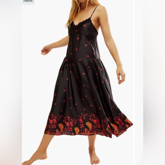 Free People black On My Own red Floral Satin Nightgown dress size medium new - Picture 2 of 4